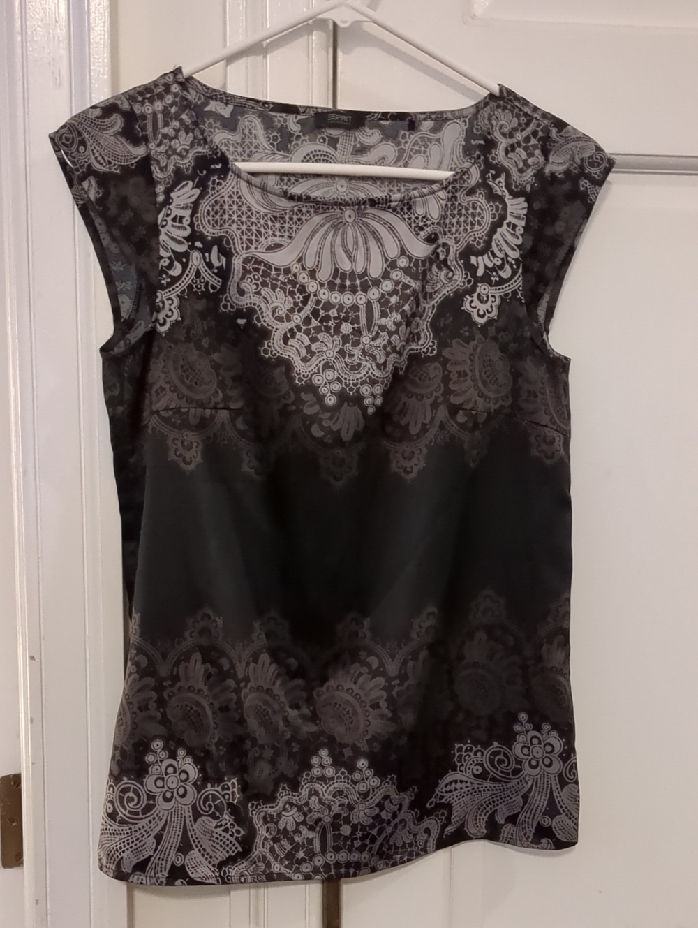 Esprit Black and Gray Lace-Print Cap Sleeve Top 4 Polyester